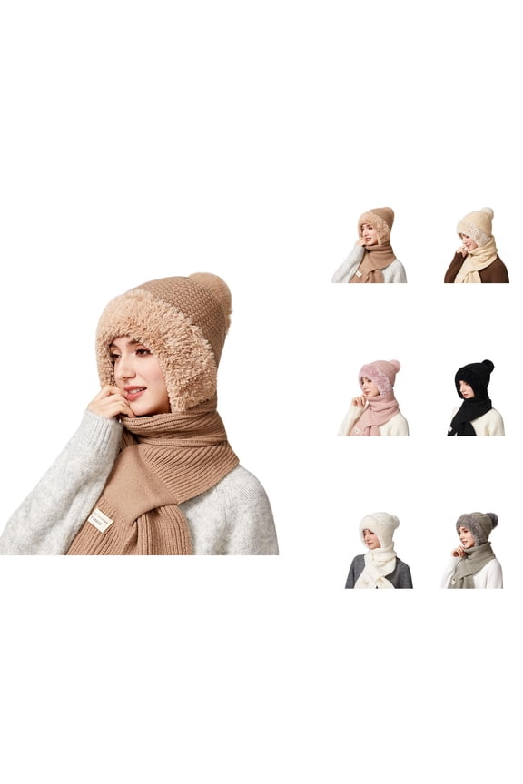 Women Integrated Neck Warmer Beanie - Plush Knit Hat Scarf Mask Combo, All-in-One Warm Stocking Stuffers, For Skiing Motorcycle Riding Winter Sports