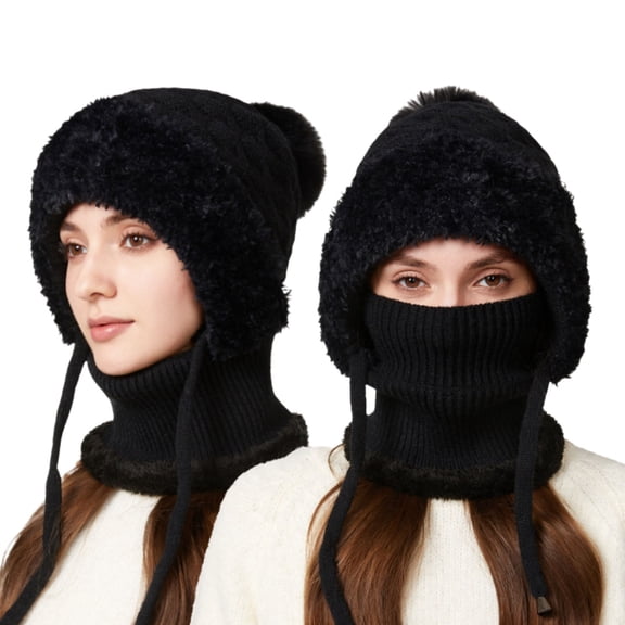 Women Integrated Plush Knit Hat - Thick Beanie With Neck Warmer Scarf, Ear Flap Windproof Warm Stocking Stuffers, For Skiing Motorcycle Riding Winter Christmas Gifts for Teens