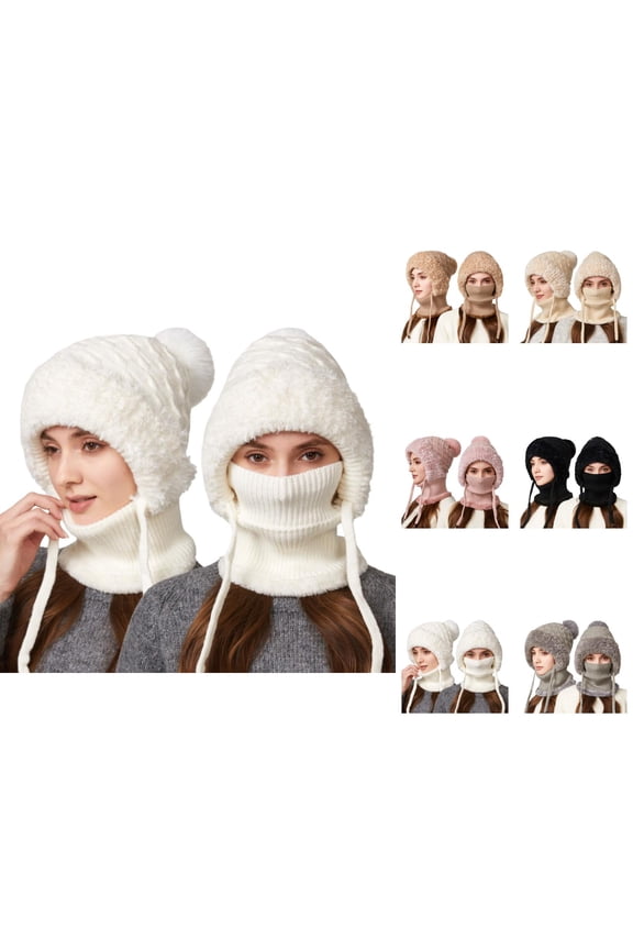 Women Integrated Plush Knit Hat - Thick Beanie With Neck Warmer Scarf, Ear Flap Windproof Warm Stocking Stuffers, For Skiing Motorcycle Riding Winter