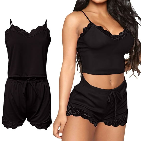 Women Intimates Accessories Womens Pajama Sets Soft Lace Trim Lingerie Sleepwear 2 Piece Shorts Set Neck Pj Nightwear Bridal Gifts,Black Women's Bra & Brief Sets S