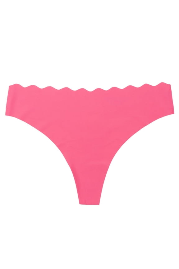 Women Invisible Thong Underwear No Show, Seamless Stretch Panties Scallop Waistband, Mid Rise Pink,Size M