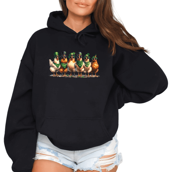 Women Irish Hat Chicken Group St Patricks Day Cotton Graphic Hooded Long-Sleeved Black S-2XL