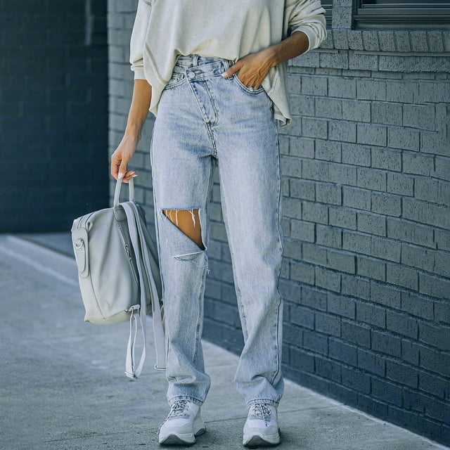 Women Irregular Waist Casual Ripped Straight High Waisted Straight Leg Bottom Jeans Pants Light Blue M