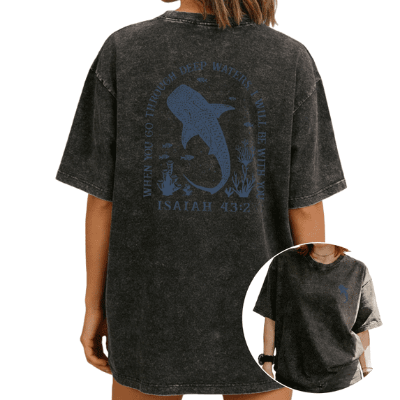 Women Isaiah 43:2 Blue Whale Shark Ocean Graphic Tees T Shirt Tops Round Neck Cotton Washed T Shirt Black S-2XL Plus Size