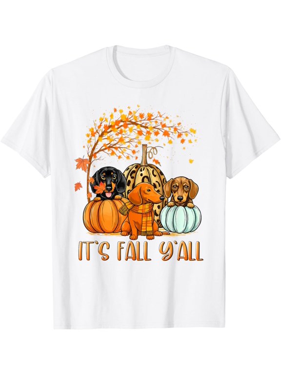 Women It's Fall Y'all Autumn Dachshund Pumpkins Graphic Design For Everyday Style T-Shirt, Size S-5XL