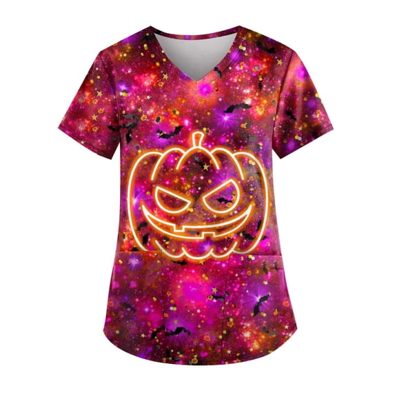 Women Jack O Lantern Pumpkin Halloween Scrub Tops V Neck Short Sleeve Medical Uniform With Double Side Pockets