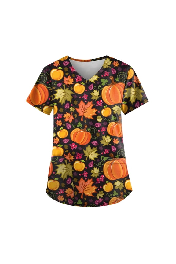 Women Jack O Lantern Pumpkin Halloween Scrub Tops V Neck Short Sleeve Medical Uniform With Double Side Pockets