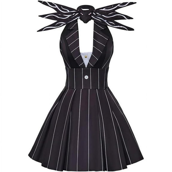 Women Jack Skellington Style Black Striped Dress Elegant Outfit for Party and Stage