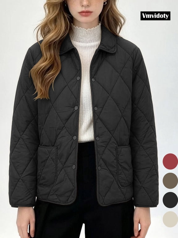 Women Jacket 2XL-5XL Quilted Barn Jackets Fall Winter Fashion Coats Causal Outerwear Button Down Solid Color Padded Coat Ladies Jacket Black 3XL
