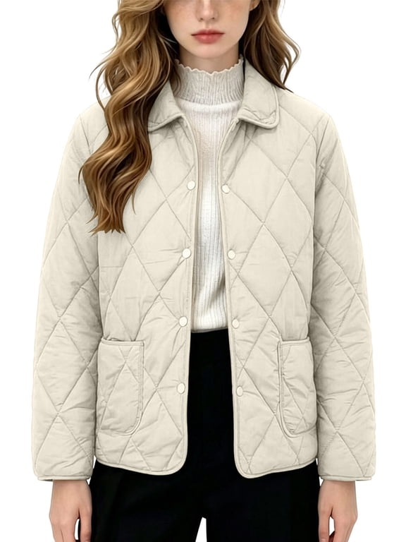 Women Jacket 2XL-5XL Quilted Barn Jackets Fall Winter Fashion Coats Causal Outerwear Button Down Solid Color Padded Coat Ladies Jacket White 3XL
