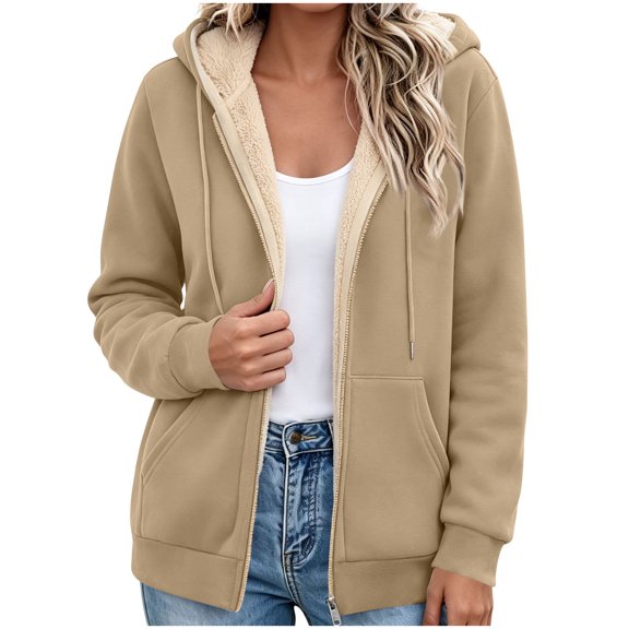 Women Jacket Baeitkot Sherpa Fleece Lined Hooded Zip Up Coat with Pockets for Winter Daily Wear Khaki M