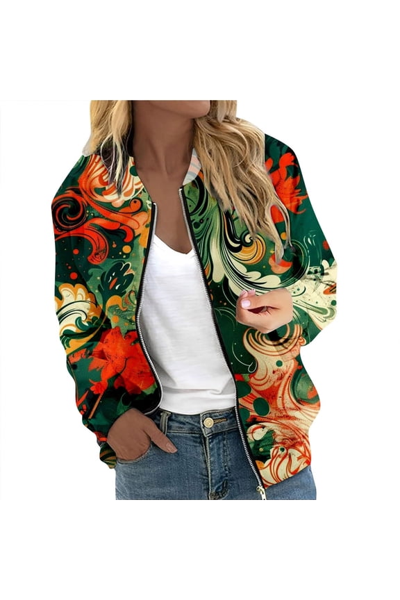 Women Jacket Color Block Floral Baseball Long Sleeve Zip Up Bomber Casual Lightweight Coat