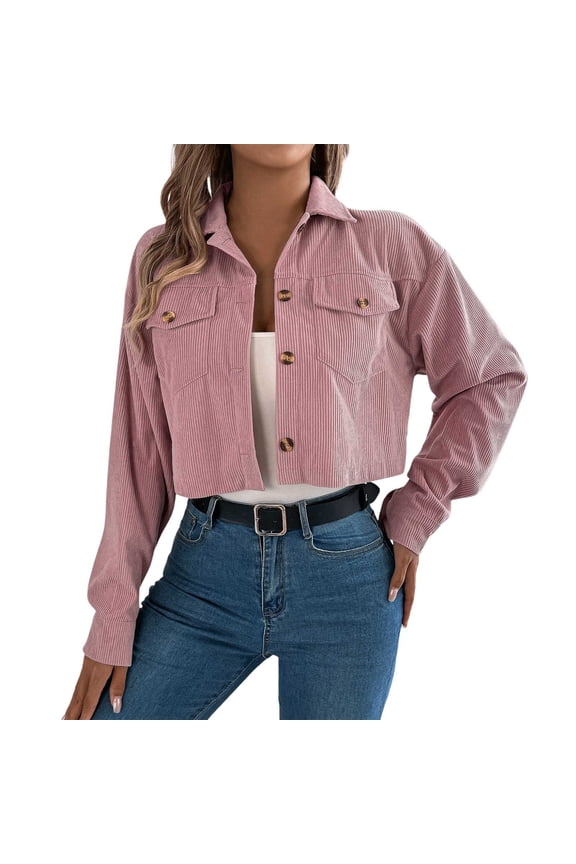 Women Jacket Cropped Shacket Button Down Corduroy Short Jacket Solid Long Sleeve Lapel With Pocket Outwears Jackets