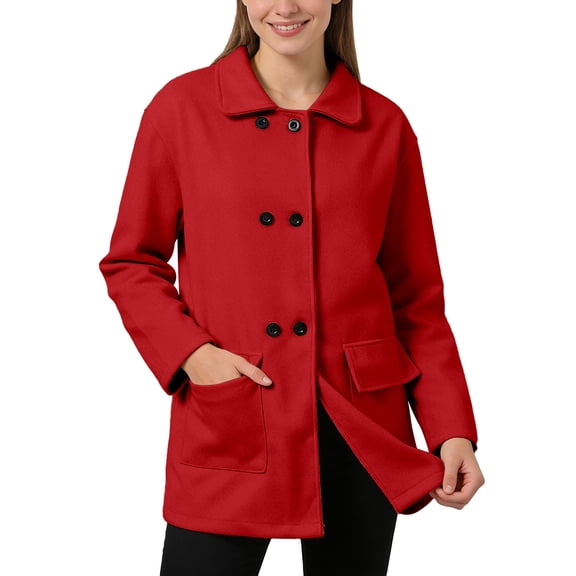Women Jacket Double Long Sleeve Lapel Wool with Pocket Solid Outerwear Jackets Red