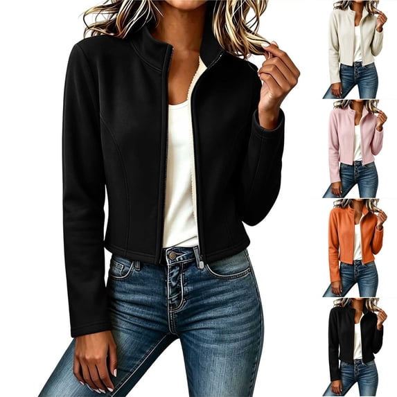 Women Jacket Dqueduo Women's Solid Color Long Sleeve Warm Windproof Stand Collar Slim Outdoor Running Coat Jacket Black XS