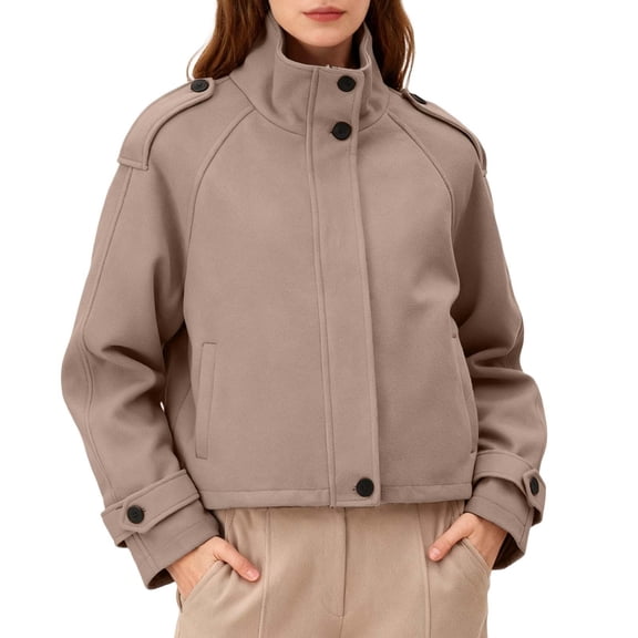 Women Jacket Elegant Solid Cropped Wool Zipp Button Stand Collar Slim Trench Lightweight Coats Beige