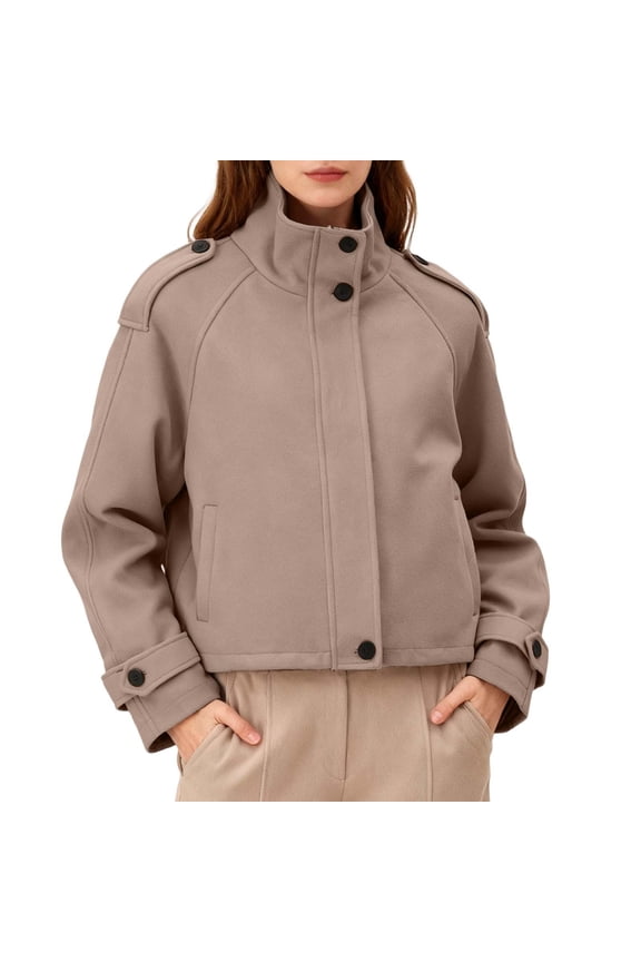Women Jacket Elegant Solid Cropped Wool Zipp Button Stand Collar Slim Trench Lightweight Coats Beige