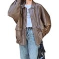 thumbnail image 1 of Women Jacket Faux Leather Smooth Surface Turn-down Collar Zip-up Long Sleeves Elastic Hem Pockets Retro Motorcycle Coat, 1 of 7