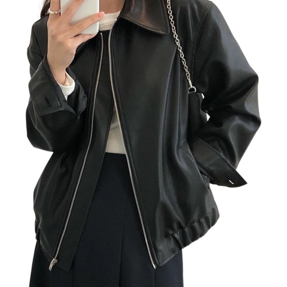 Women Jacket Faux Leather Smooth Surface Turn-down Collar Zipper Closure Stretchy Hem Long Sleeves Motorcycle Coat Travel Outerwear
