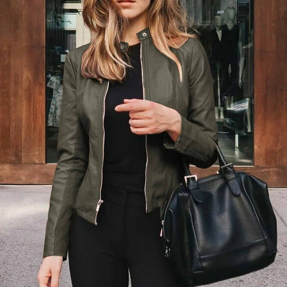 Women Jacket Faux Leather Winter Fall Solid Lapel Zipper Fitted Short Punk Jacket Coat Army Green M
