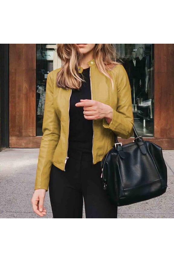 Women Jacket Faux Leather Winter Fall Solid Lapel Zipper Fitted Short Punk Jacket Coat Yellow L