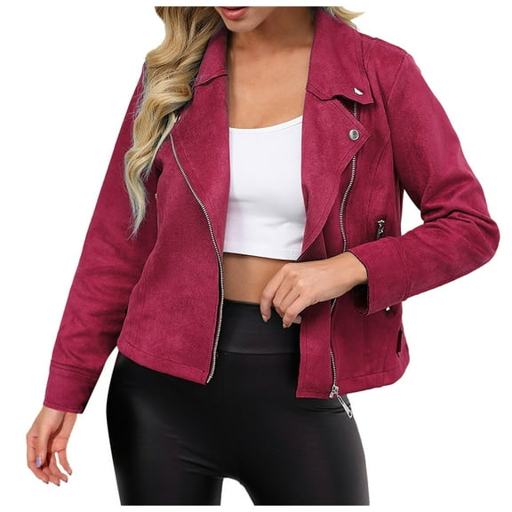 Women Jacket Suede Zipper Cropped Bomber Solid Lapel Slim Biker Moto Outerwear Trendy Clothes