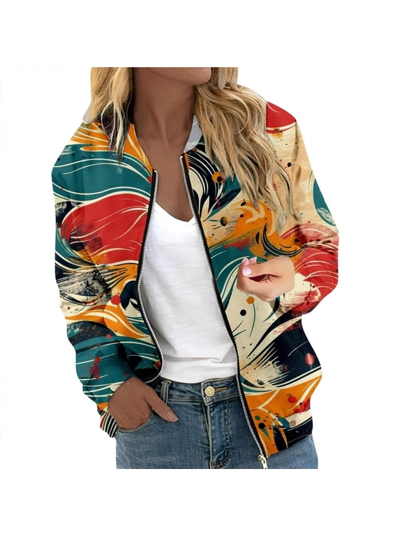 Women Jacket Floral Colorblock Windbreaker Vintage Casual Long Sleeve Zipper Bomber Outwear Coat