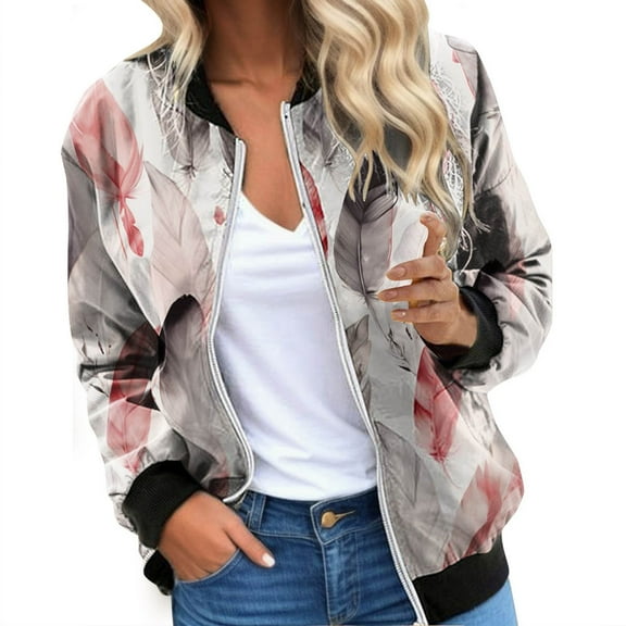 Women Jacket Floral Print Windbreaker Loose Casual Zip Up Vintage Baseball Outerwear Trendy Clothes