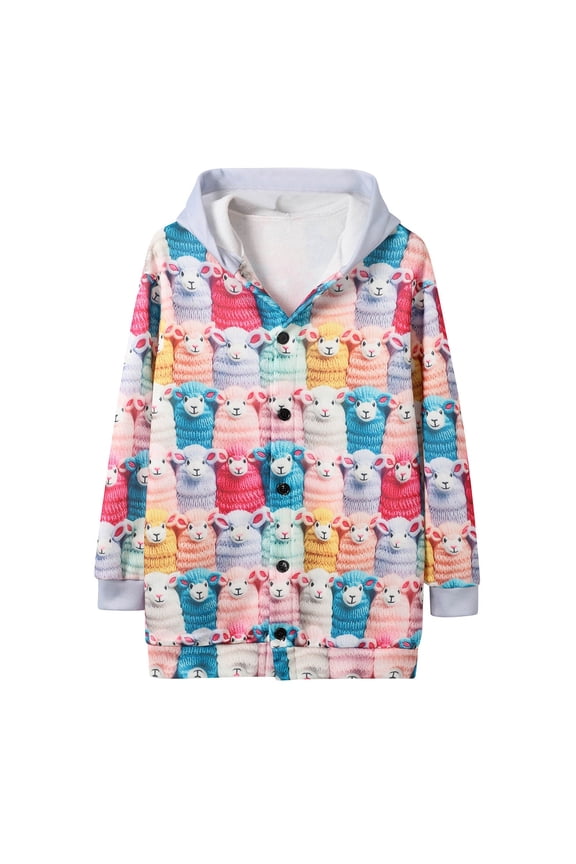 Women Jacket Funny Cartoon Print Button Hoodie Cute Graphic Loose Hooded Sweatshirt Outwear Coat