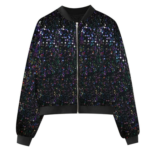 Women Jacket Glitter Sequin Cropped Zipper Sparkly Long Sleeve Party Disco Short Fall Winter Clothes
