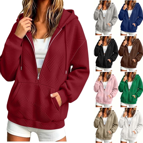 Women Jacket Half Zipper Casual Solid Color Long Sleeve Hooded Warm Outwear Coat with Pockets for 2026 Fall Winter Daily Ourdoor Travel Wear