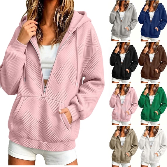 Women Jacket Half Zipper Casual Solid Color Long Sleeve Hooded Warm Outwear Coat with Pockets for 2026 Fall Winter Daily Ourdoor Travel Wear