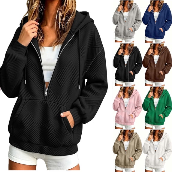 Women Jacket Half Zipper Casual Solid Color Long Sleeve Hooded Warm Outwear Coat with Pockets for 2026 Fall Winter Daily Ourdoor Travel Wear