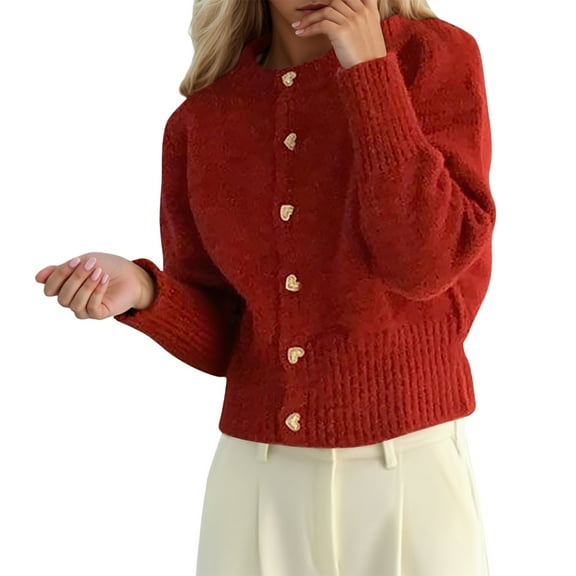 Women Jacket Heart Buttons Knitted Sweater Solid Long Sleeve Cropped Cardigan Outerwear Trendy Clothes