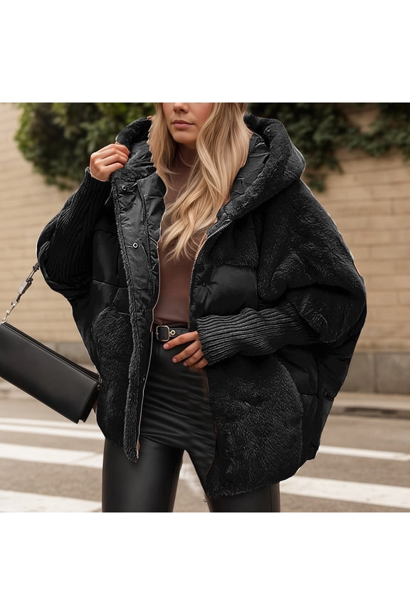 Women Jacket Hooded Thick Solid Padded Coat Fuzzy Wool Button Down Patchwork Coats (Black L)