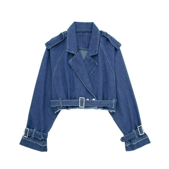Women Jacket Lightweight New Women's Casual Lapel Short Denim Trench Jacket Cropped Long Sleeve Jean Coat Fall Trendy Outerwear with Belt Navy S