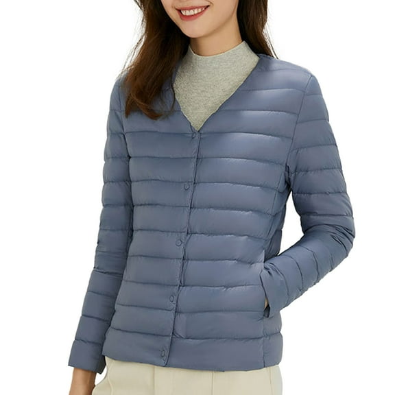 Women Jacket Lightweight White Down Solid Basic Button Crew Neck Quilted Puffer Fall Winter Clothes
