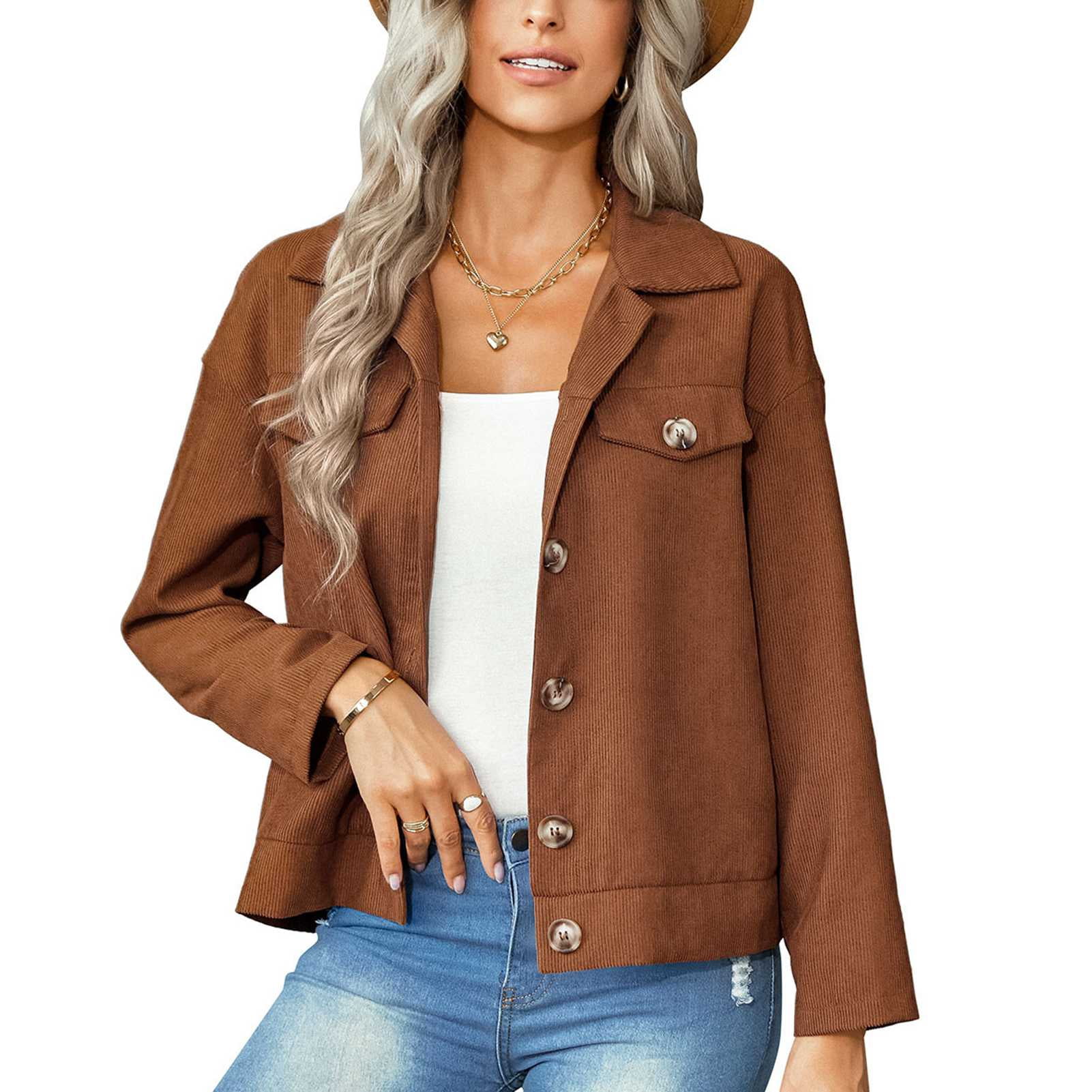 Women Jacket Long Sleeve Button Down Splicing Hem Slim Fit Corduroy ...