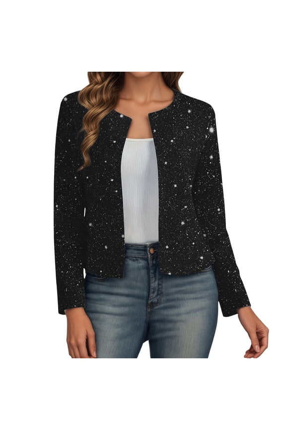 Women Jacket Metallic Sequin Print Long Sleeve Cardigan Open Front Slim Blazer Lightweight Coats Black
