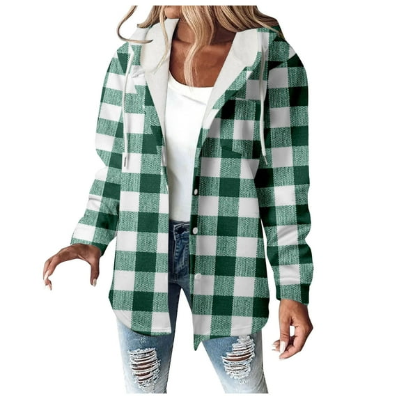 Women Jacket Oversize Plaid Print Lined Hoodie Vintage Button Down Drawstring Hooded Outwears Jackets