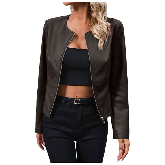 Women Jacket PU Leather Solid Zipper Coat Winter Warm Retro Lapel Outwear