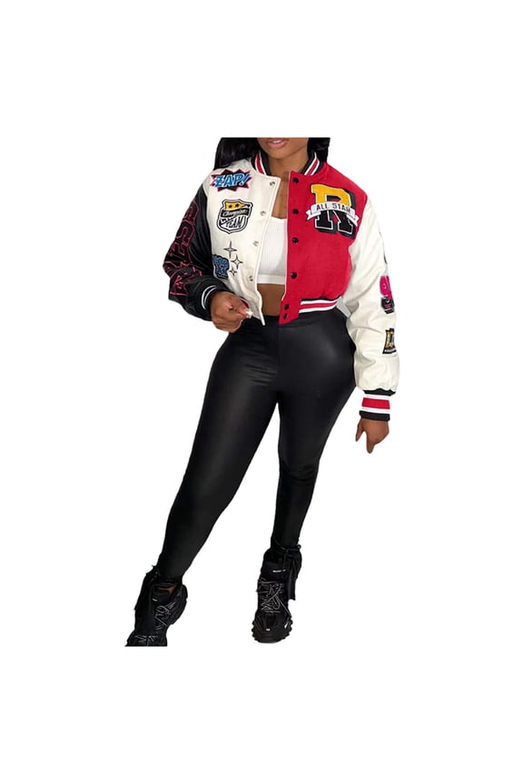 Women Jacket Patchwork Cropped Varsity Baseball Jackets y2k Colorblock Letter Print Long Sleeve Button Down Bomber Outwears Coats