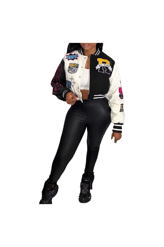 Women Jacket Patchwork Cropped Varsity Baseball Jackets y2k Colorblock Letter Print Long Sleeve Button Down Bomber Outwears Jackets