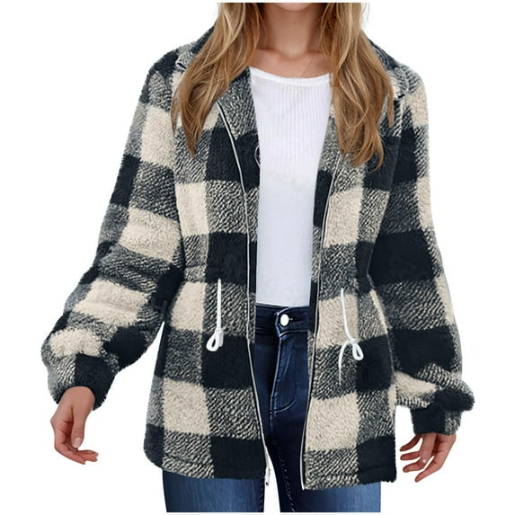 Women Jacket Plaid 2025 Black Winter Double-sided Fleece Long Sleeved Long Cardigan Over Top Coats 2XL