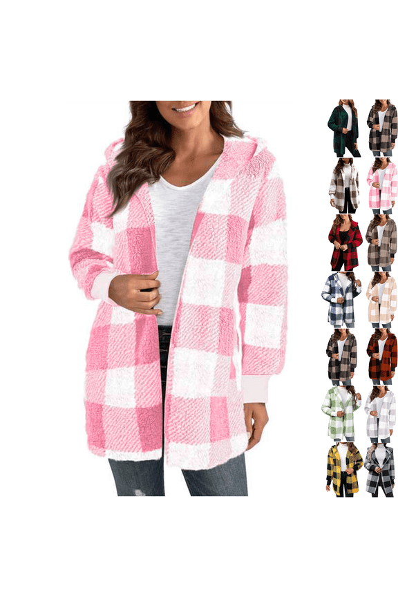 Women Jacket Plaid 2025 Hot Pink New Hooded Long Sleeved Loose Cardigan Coat L