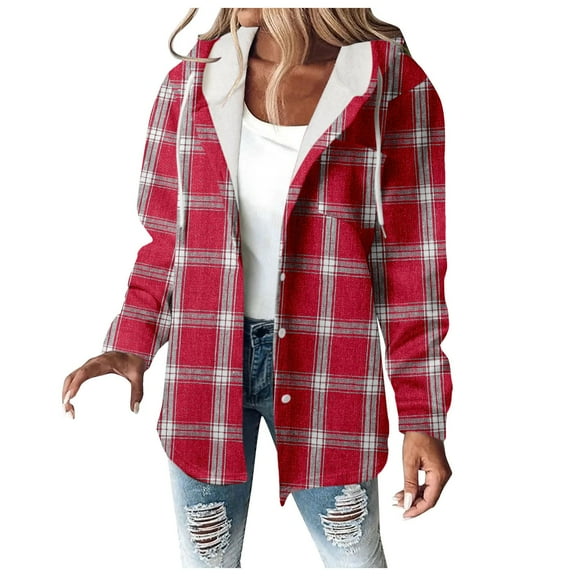 Women Jacket Plaid Print Lined Hoodie Button Down Long Sleeve Drawstring Plus Size Outerwear