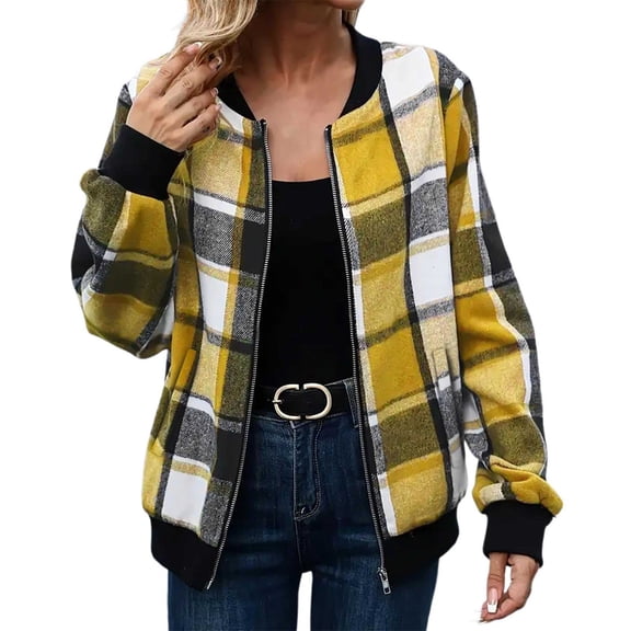 Women Jacket Plaid Print Zip Up Shackets Stand Collar Long Sleeve Commute Cropped Shirt Bomber With Pocket Outerwear Trendy Clothes