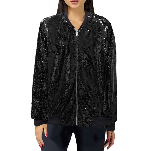 Women Jacket Sequin Baseball Long Sleeve Zip Up Open Front Glitter Bomber Fall Winter Clothes