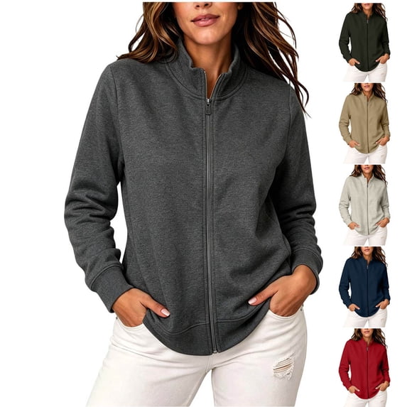 Women Jacket Sevevn Stand Collar Regular Fit French Terry Fabric Full Zip Long Sleeve Outerwear With Side Pockets For Commute Walking Daily Casual Wear