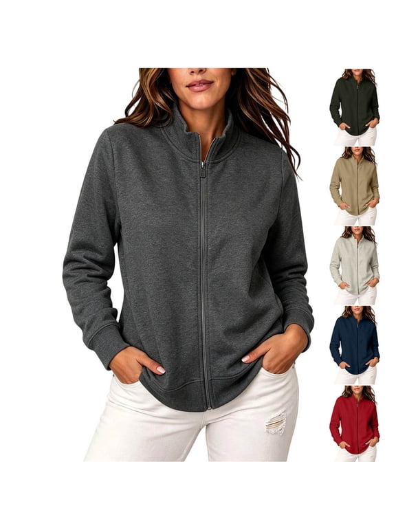 Women Jacket Sevevn Stand Collar Regular Fit French Terry Fabric Full Zip Long Sleeve Outerwear With Side Pockets For Commute Walking Daily Casual Wear
